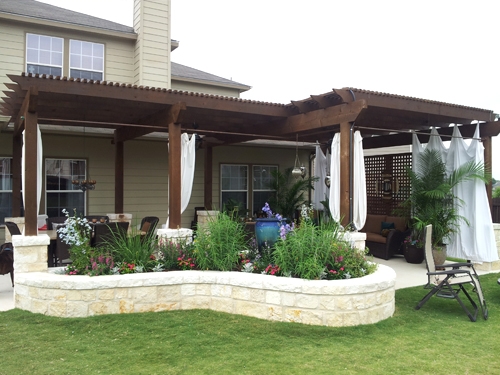 Stained Cedar Arbor with Stone Planters