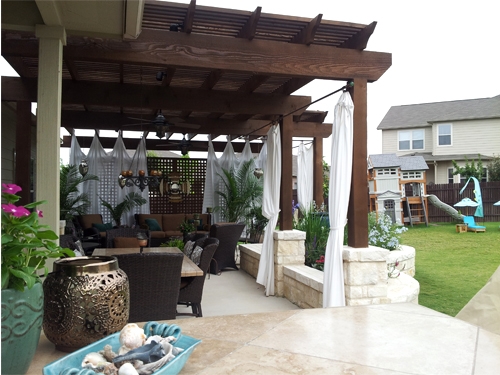 Cedar Arbor with Stone Pillars and Seating