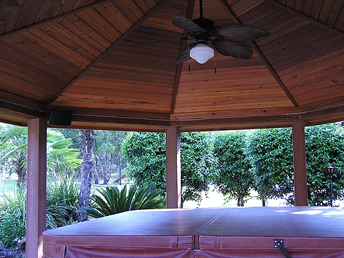 Cedar Hot Tub Gazebo with Decorative Ceiling, Ceiling Fan and Rope Lighting