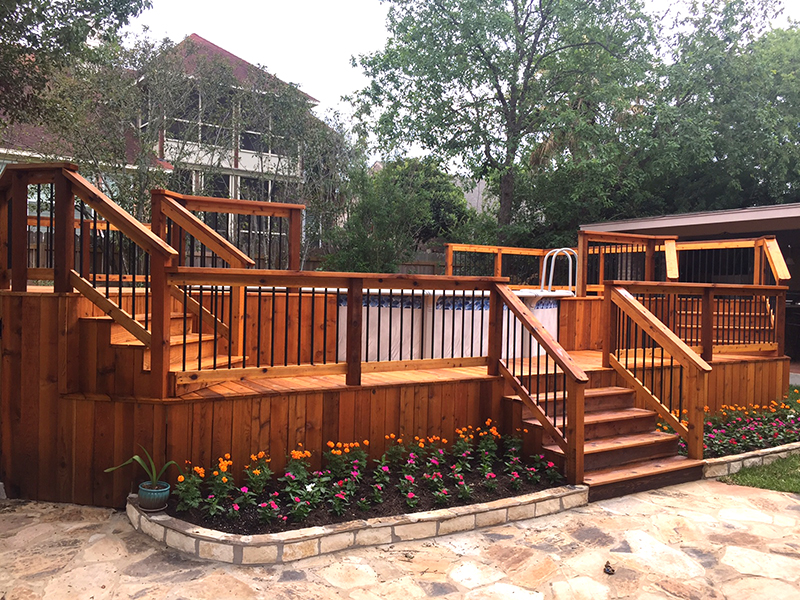 Multi-Level Cedar Pool Surround Deck Side View