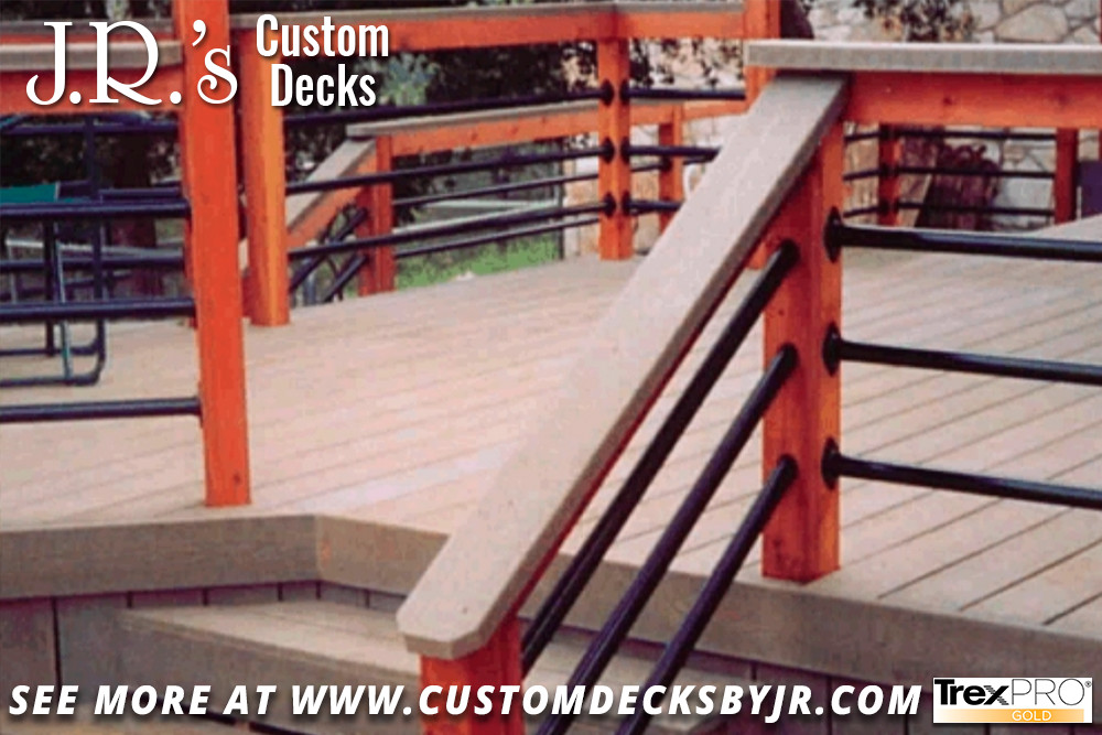 Elegant Trex Composite Deck with Redwood Uprights and Elegant Metal Rails